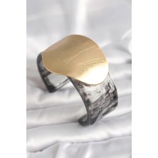 Yıldız Ticaret Mey Ithalat® Siyah Mermer Desen Akrilik Plastik Gold Daire Plaka Model Vintage Kadın Bilezik