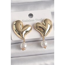 Yıldız Ticaret Mey Ithalat® Pirinç Gold Renk Kalp Model Sallantı Inci Detay Kadın Küpe