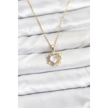 Yıldız Ticaret Mey Ithalat® 316L Çelik Zincir Gold Renk Kalp Model Zirkon Taşlı Kadın Kolye
