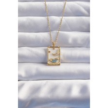 Yıldız Ticaret Mey Ithalat® 316L Çelik Zincir Gold Renk Ay Detay Mavi Zirkon Taşlı Tarot Kolye