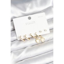 Yıldız Ticaret Mey Ithalat® Pirinç Gold Renk Kalp Detaylı 925 Ayar Gümüş Çivili Kadın Küpe Seti