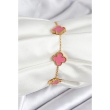 Yıldız Ticaret Mey Ithalat® 316L Çelik Gold Zincir Pembe Yonca Renk Bileklik