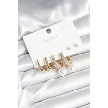 Yıldız Ticaret Mey Ithalat® Pirinç Gold Renk Zirkon Taşlı Inci Detaylı 925 Ayar Gümüş Çivili Kadın Küpe Seti