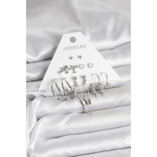 Yıldız Ticaret Mey Ithalat® Pirinç Gümüş Renk 6'lı Kadın Küpe Seti