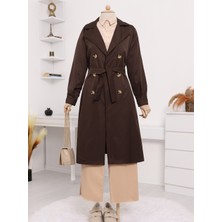 Moda Morfo Çift Düğme Kemerli Uzun Trenckot -Kahve