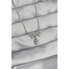 Yıldız Ticaret Mey Ithalat® 316L Çelik Gümüş Renk Zirkon Taşlı Fiyonk Detay Damla Kolye