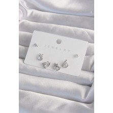 Yıldız Ticaret Mey Ithalat® Pirinç Gümüş Renk Zirkon Taşlı Damla Model Küpe Seti