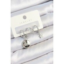 Yıldız Ticaret Mey Ithalat® Pirinç Zirkon Taşlı Sallantılı Yıldız Model Gümüş Renk 3'lü Çift Kadın Küpe Set