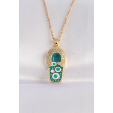 Yıldız Ticaret Mey Ithalat® 316L Çelik Zincir Zirkon Taşlı Altın Renk Nazarlı Terlik Tasarımlı Kolye