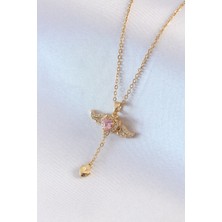 Yıldız Ticaret Mey Ithalat® 316L Çelik Gold Renk Kanatlı Kalp Model Zirkon Taş Detay Kadın Kolye