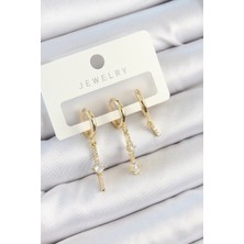 Yıldız Ticaret Mey Ithalat® Pirinç Zirkon Taşlı Sallantılı Model Gold Renk 3'lü Çift Kadın Küpe Set