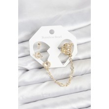 Yıldız Ticaret Mey Ithalat® Uzay Model Pirinç Gold Renk Zincir Bağlantılı Ear Cuff Küpe Seti