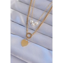 Yıldız Ticaret Mey Ithalat® 316L Çelik Gold Renk Çift Zincir Inci Detayı Love Kalp Kolye