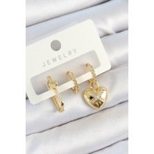 Yıldız Ticaret Mey Ithalat® Pirinç Zirkon Taşlı Kalp Model Gold Renk 3'lü Çift Kadın Küpe Set