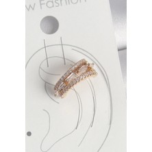 Yıldız Ticaret Mey Ithalat® Pirinç Gold Renk Zirkon Taşlı 3'lü Sıralı Model Kadın Kıkırdak Küpe