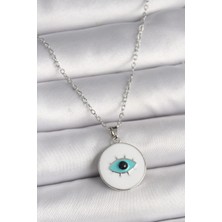 Yıldız Ticaret Mey Ithalat® 316L Çelik Gümüş Renk Zincir Beyaz Mineli Turkuaz Göz Işleme Model Kadın Kolye