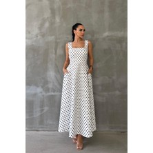 Arzu Has Butik Yeni Sezon Kare Yaka Puantiyeli Uzun Elbise