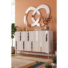 Yumedi Design KA1231BTS - Ilhaniye Konsol, Tv Sehpası, Çok Amaçlı Dolap ve Kahve Köşesi 120CM Beyaz-Traverten-Silver