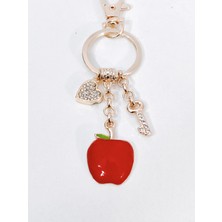 Moncuk Design Zirkon Taşlı Kalp ve Anahtar Detaylı Kırmızı Elma Figürlü Rose Gold Anahtarlık