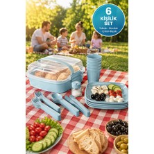 Medushop 6 Kişilik Piknik Seti ( Mavi ) Taşıma Kutulu Bpa Free Tabak Bardak Çatal Kaşık Bıçak Kamp Seti