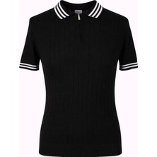 Trender Yarım Fermuarl Siyah - Beyaz Erkek Polo Yaka T-Shirt 17434