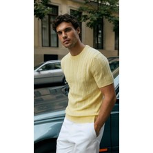 Bi Baksana Erkek Örgü Desen Bisiklet Yaka Triko Tişört - %100 Pamuk Akrilik