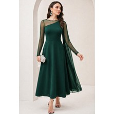 Serac Collection Kadın Uzun Kollu Yarı Balıkçı Yaka Tül Detaylı Uzun Sandy Elbise