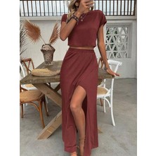 Cotton Lab Cottonlab Kadın Kısa Kollu Bisiklet Yaka Viskon Krop Bluz ve Uzun Etek Ikili Takım