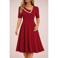 Deridün Yıldız Shoes Kadın Kısa Kollu Asimetrik Yaka Detaylı Midi Janjan Krep Elbise