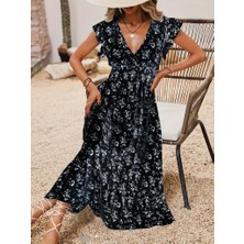 Cotton Lab Cottonlab Kadın Kısa Kollu Kruvaze Yakalı Beli Lastikli Çiçek Desenli Elbise