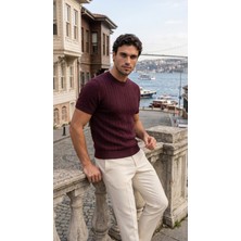 Livizmir Moda Erkek Örgü Desen Bisiklet Yaka Triko Tişört - %100 Pamuk Akrilik