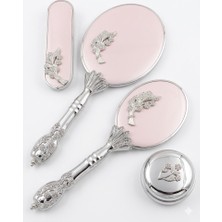 Ceyyiz Camomile Pudra Pembe Silver Ayna Fırça Seti 4'lü - Lüks Taşlı Gümüş Gelin Bohçası Takımı