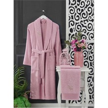 Elmira Textile 4 Parça Aile Bornoz Seti Kadın Erkek Havlulu Bornoz Takımı 100 Lacivert Pembe