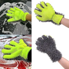 Tuba Toptaş Çift Taraflı Mikrofiber Şönil Tüylü 5 Parmaklı Araba Oto Yıkama Temizlik Eldiveni Yeşil Gri