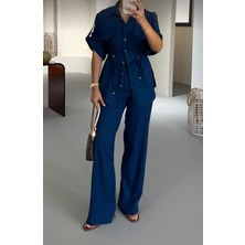 Qimya Butik 4s Women Kadın Beli Büzgülü Apoletli Kısa Kollu Gömlek ve Beli Lastikli Bol Pantolonlu Keten Alt Üst Ikili Takım