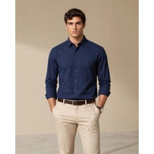 Polo State Erkek Lacivert Dokulu Çizgili Regular Fit Gömlek
