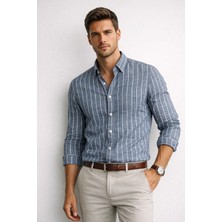 Polo State Erkek Regular Fit Indigo Çizgili Keten Görünümlü Gömlek