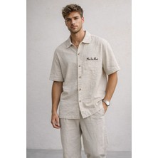 Polo State Erkek Oversize Kısa Kollu Dokulu Baskılı Bej Gömlek – More Than Words