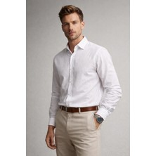 Polo State Erkek Regular Fit Keten Görünümlü Beyaz Gömlek Hafif ve Nefes Alan Yazlık Kumaş