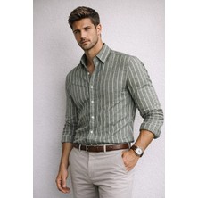 Polo State Erkek Regular Fit Yeşil Çizgili Keten Görünümlü Gömlek