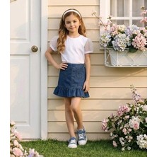 Sy Store Fırfır Detaylı Kot Etek & Tül Kollu Tişört Kız Çocuk Kombini