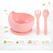 Jojobebek Vakumlu Silikon Mama Kasesi, Altı Vakumlu Mama Kasesi, Silikon Kaşık ve Çatal / Pembe