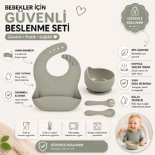 Jojobebek Çocuk Silikon Mama Önlüğü, Silikon Vakumlu Kase, Silikon Kaşık ve Çatal / Gri