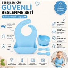 Jojobebek Çocuk Silikon Mama Önlüğü, Silikon Vakumlu Kase, Silikon Kaşık ve Çatal / Mavi