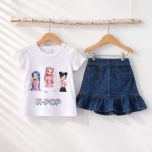 Sy Store Fırfır Detaylı Kot Etek & Tül Fırfır Detaylı Baskılıtişört Kız Çocuk Kombini