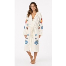 Mulberry Kadın Müslin Plaj Kimonosu Kapüşonlu %100 Pamuk Baskılı Yazlık Kimono Bornoz