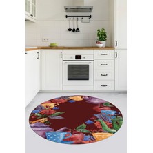 Özgürce Renkli Fincan Motifli Yuvarlak Dijital Baskılı Mutfak Halısı