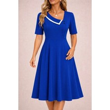 Kadın Kısa Kollu Asimetrik Yaka Detaylı Midi Janjan Krep Elbise