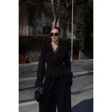 Qimya Butik Miss Neşem Kadın Vatkalı V Yaka Içi Dantelli Kuşaklı Beli Lastikli Uzun Kol Şık Bluz