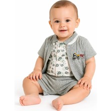 Dinamik çocuk Erkek Bebek Bisiklet Desenli 3lü Yazlık Takım Çıtçıtlı Badi + Çizgili Şort + Kısa Kollu Üst 0-3-6-9AYLIK